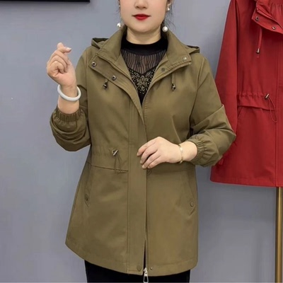 休闲风衣中长款连帽大码纯色外套