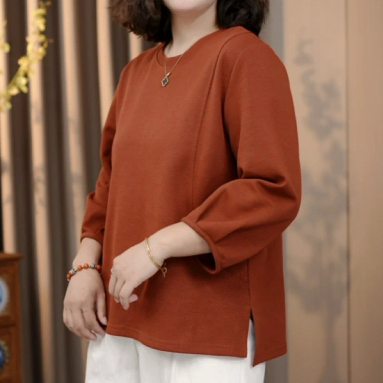 休闲开叉套头圆领百搭七分袖T恤