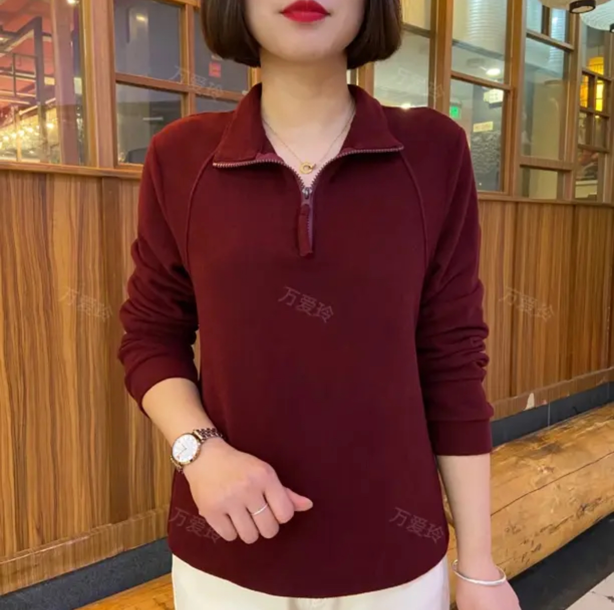 纯色双面德绒立领拉链半开领卫衣