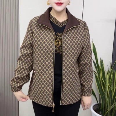 春秋加衬里翻领格子拉链短外套