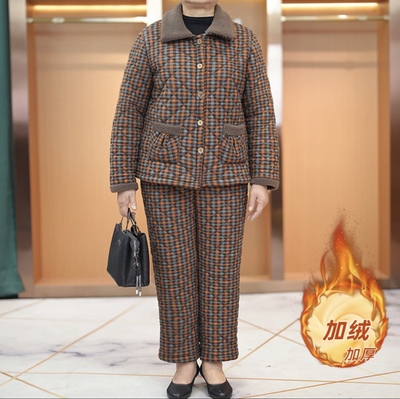 加绒加厚格子翻领棉衣裤两件套装