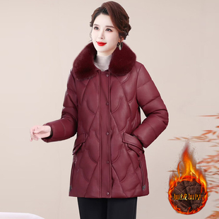 中老年女装大毛领PU皮衣棉服妈妈装加绒保暖洋气中长款高贵外套