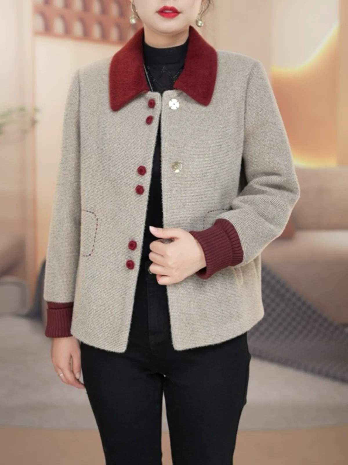 妈妈冬装气质短款翻领毛呢外套时尚加棉仿貂绒贵妃貂小香风上衣