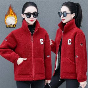 妈妈秋冬装颗粒绒外套女大码羊羔毛卫衣中老年人加绒保暖棉服棉衣