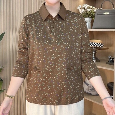 减龄通勤碎花打底衫盘扣口袋T恤