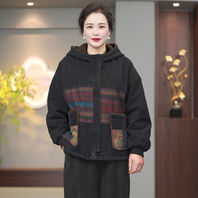 保暖加绒加厚复古牛仔风连帽外套