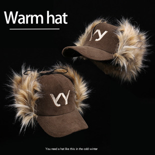韩国秋冬高版 护耳帽Yy字母刺绣仿皮草鸭舌帽女灯芯绒加厚保暖 新款