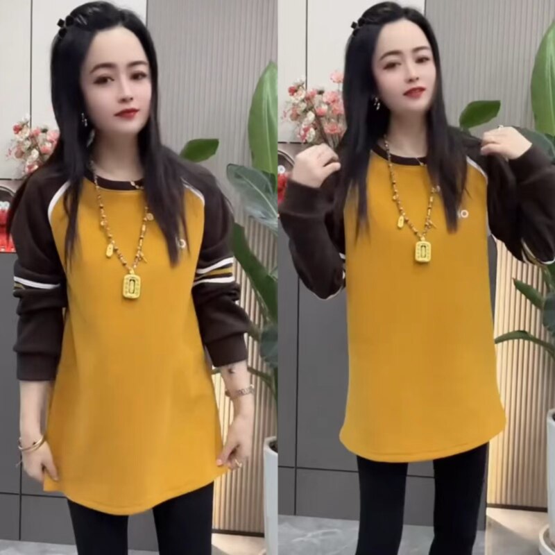 2025秋冬新款时尚减龄宽松显瘦休闲上衣韩版女拼色刺绣中长款卫衣