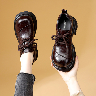 棕色英伦风真皮厚底乐福鞋女2026新款春季浅口百搭小皮鞋圆头显瘦