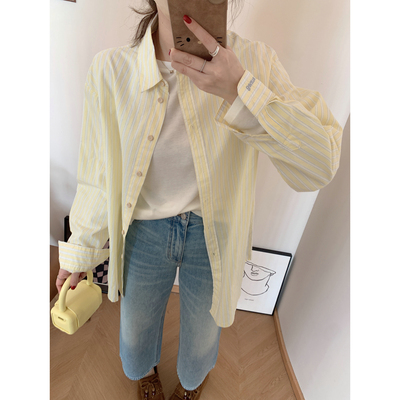 韩系简约百搭袖口刺绣竖条衬衫
