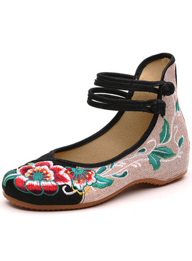 高帮芙蓉花春秋季亚麻绣花布鞋圆头搭扣加大码号妈妈鞋婚鞋42.43