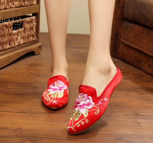老北京布鞋女拖鞋尖头民族风绣花鞋中国风复古外穿时尚女布拖鞋子