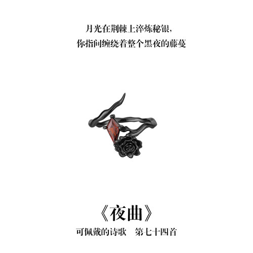 南风歌可佩戴的诗歌《夜曲》黑色玫瑰戒指开口S925银小众礼物