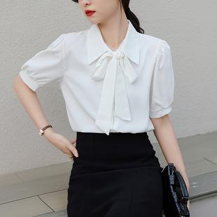 实拍夏季 女小个子垂感韩系飘带系带上衣温柔风胖MM 白色短袖 雪纺衫