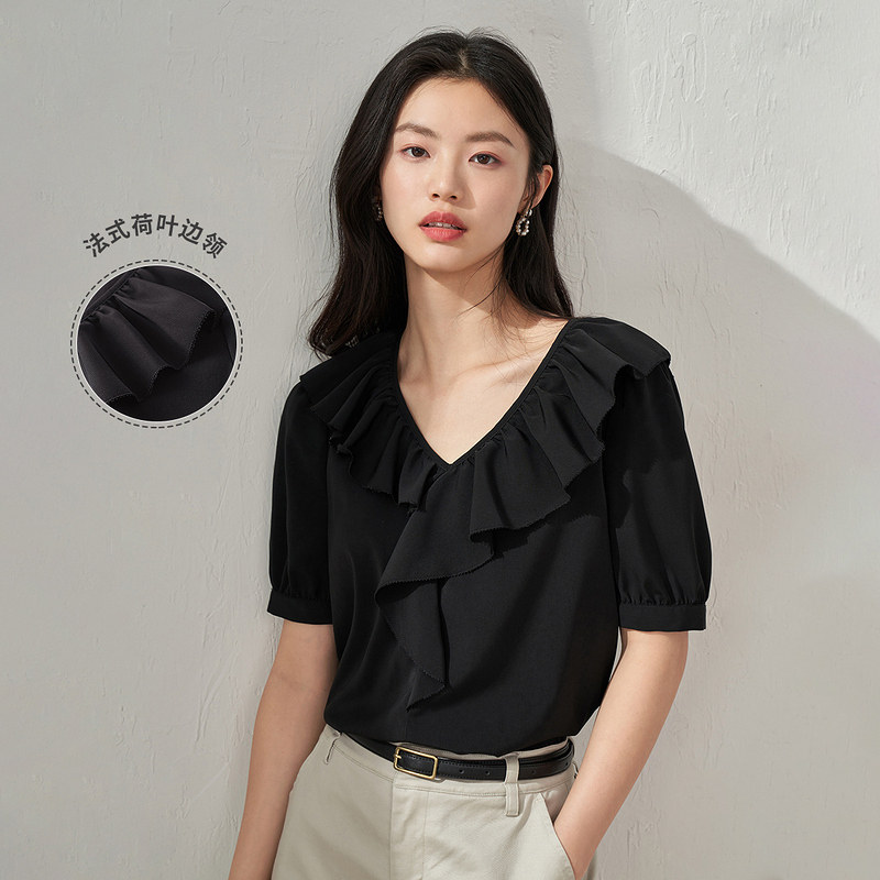 【商场同款】茵曼荷叶边领衬衫女士2023年夏季法式通勤气质衬衣