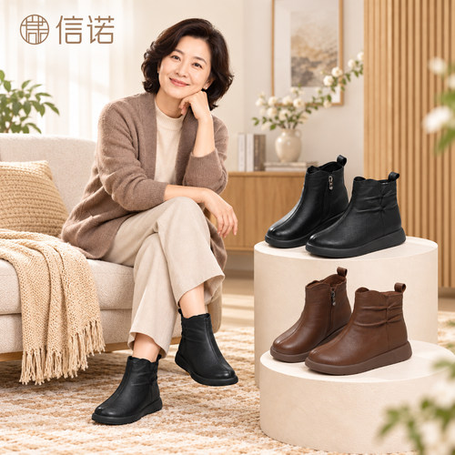 信诺秋冬真皮平底女短靴舒适通勤