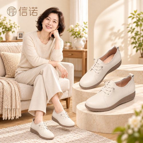 信诺真皮平底系带不累脚妈妈鞋
