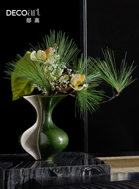 邸高茶楼会所绿色系银彩陶瓷花瓶器客厅茶几茶空间展示台茶具摆件