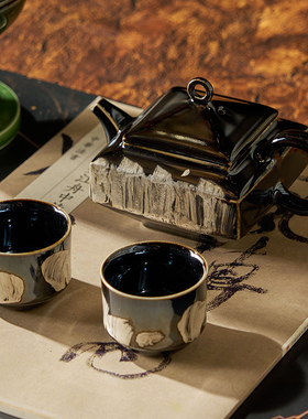 邸高家居侘寂风民宿茶室黑色刷银茶具摆件书房博古架手工陶瓷花瓶