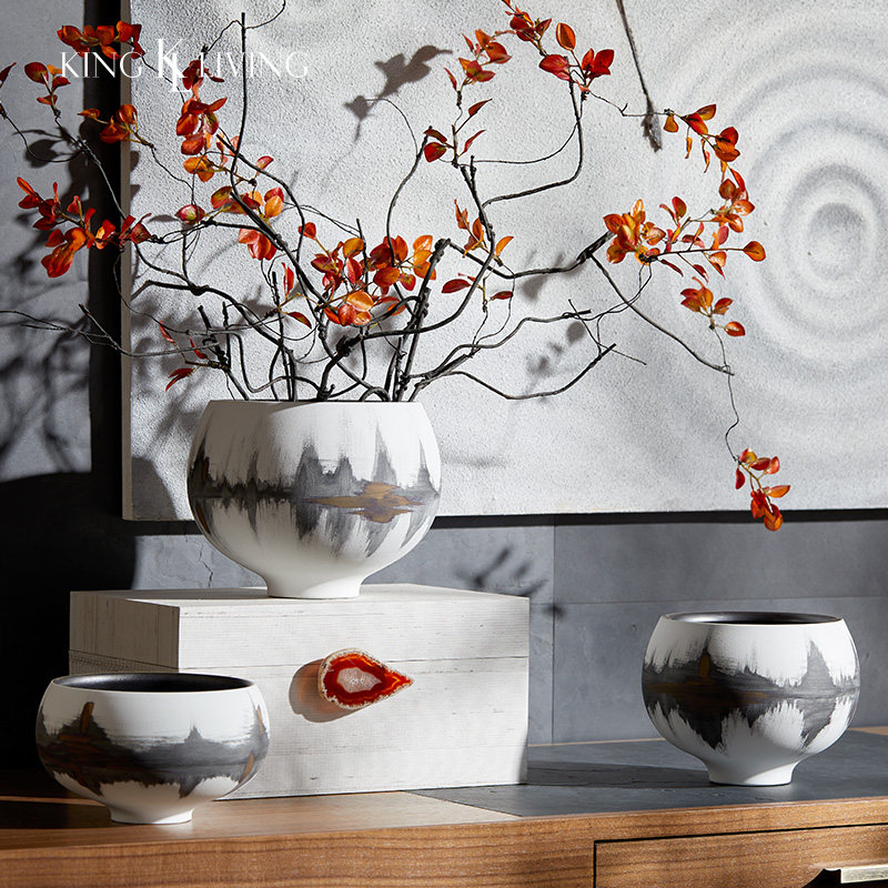 邸高家居新中式水墨画陶瓷花瓶样板间客厅摆件灰白中国风大口