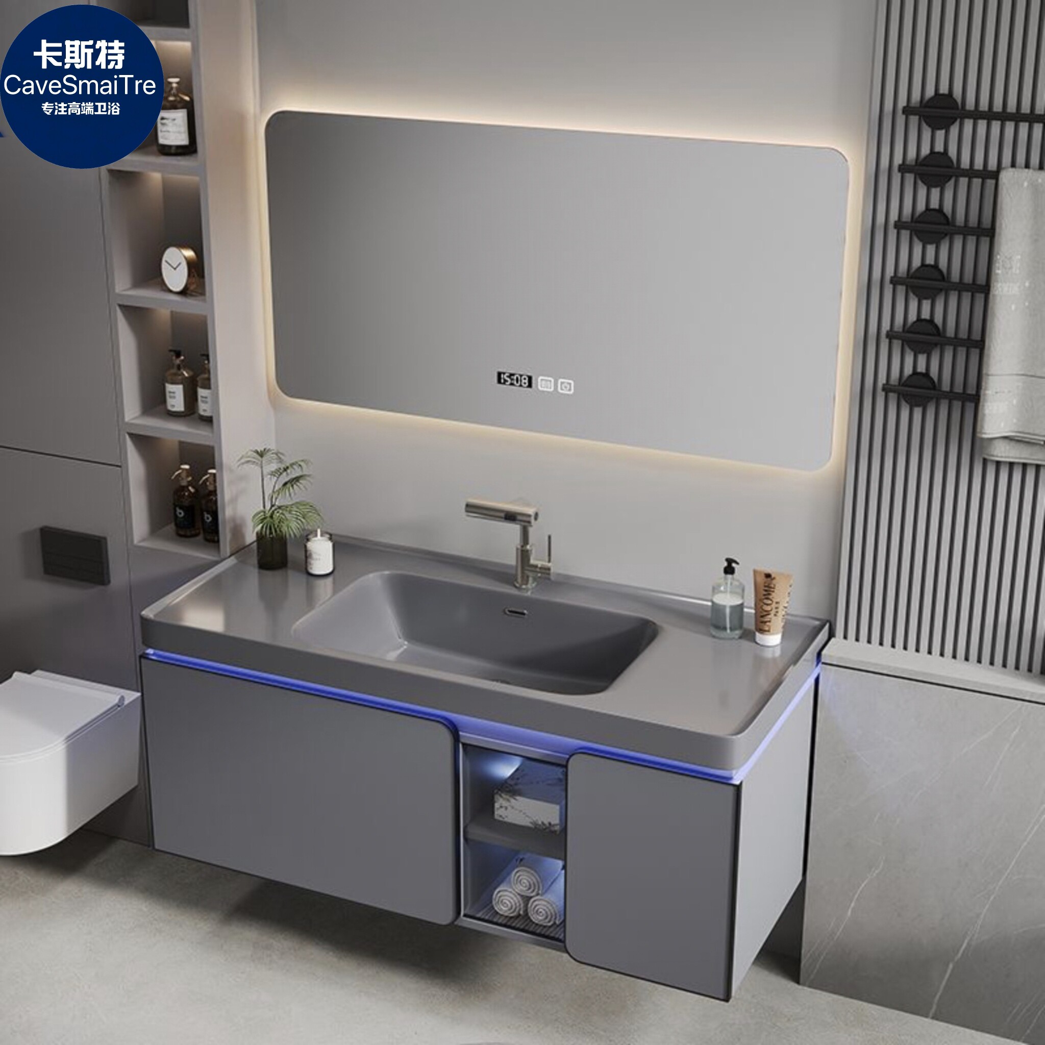 新款圆角肤感一体陶瓷一体智能浴室柜卫生间洗漱洗脸洗手盆柜组合