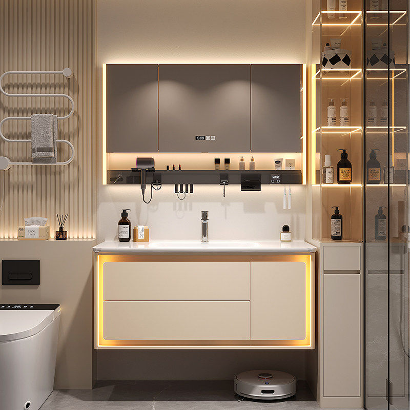 智能浴室柜一体陶瓷奶油实木简约洗脸盆卫生间洗漱洗手盆组合轻奢