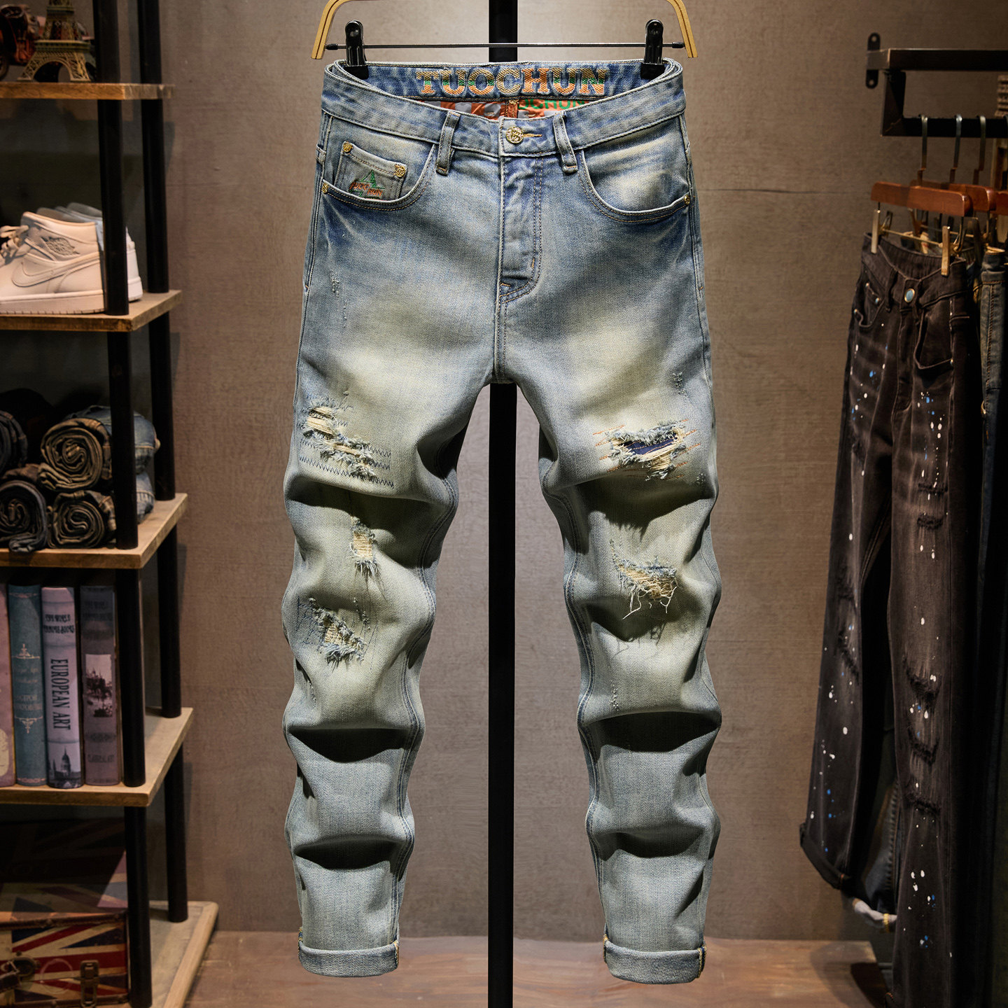 潮牌风格破洞牛仔裤男修身小脚裤青年春秋季中腰长裤潮流款男装,男装,牛仔裤,淘宝优惠券,粉丝福利购,淘宝优惠卷