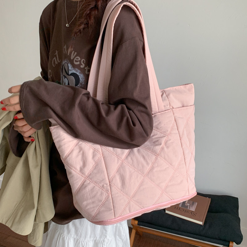 可扩容棉服包女2025新款大容量托特包大学生时尚单肩包菱格手提包