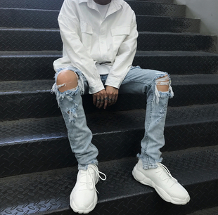 男款 休闲小脚长裤 春秋季 ins潮流韩版 夏 新品 杨一帆高街破洞牛仔裤