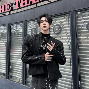 杨一帆潮牌夹克男款2025秋季新款男装垫肩皮夹克ins设计感上衣