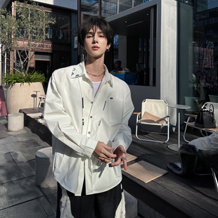 杨一帆潮牌长袖衬衫男款2025秋季新款纯色设计款宽松时尚衬衣春季