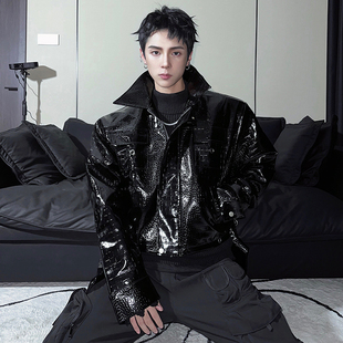 杨一帆潮牌皮衣男士春秋季新修身外套帅气休闲美式复古机车皮夹克