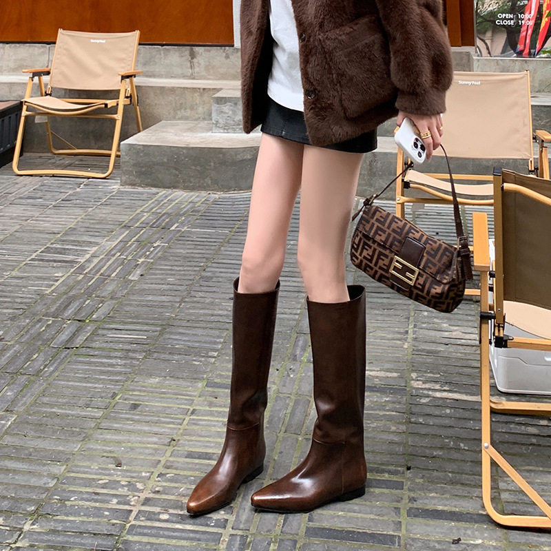 真皮长筒靴不过膝长靴高筒靴尖头内增高直筒骑士靴女修饰腿型显瘦,女鞋,骑士靴,淘宝优惠券,粉丝福利购,淘宝优惠卷