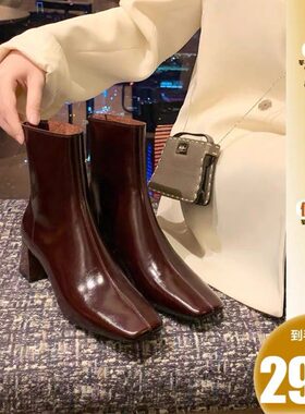 葡萄妈studiolee 法式优雅方头粗高跟亮面复古时装瘦瘦短靴女秋冬