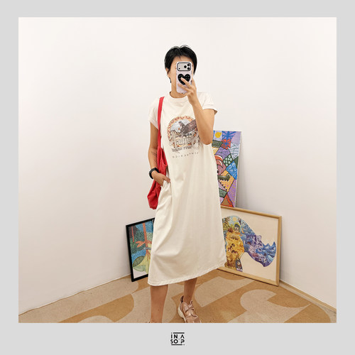 美式复古印花宽松T恤连衣裙