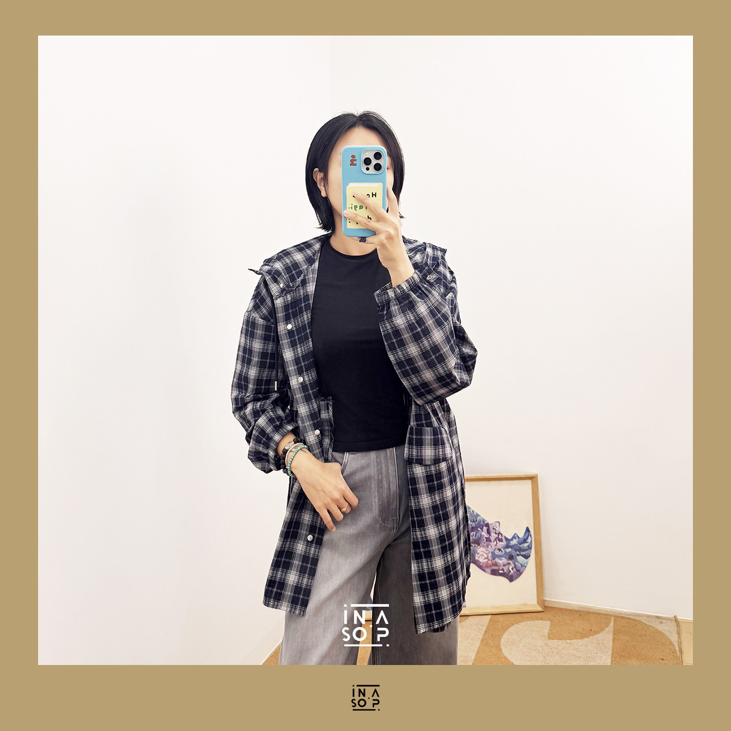 INASOP复古格纹连帽棉质外套女