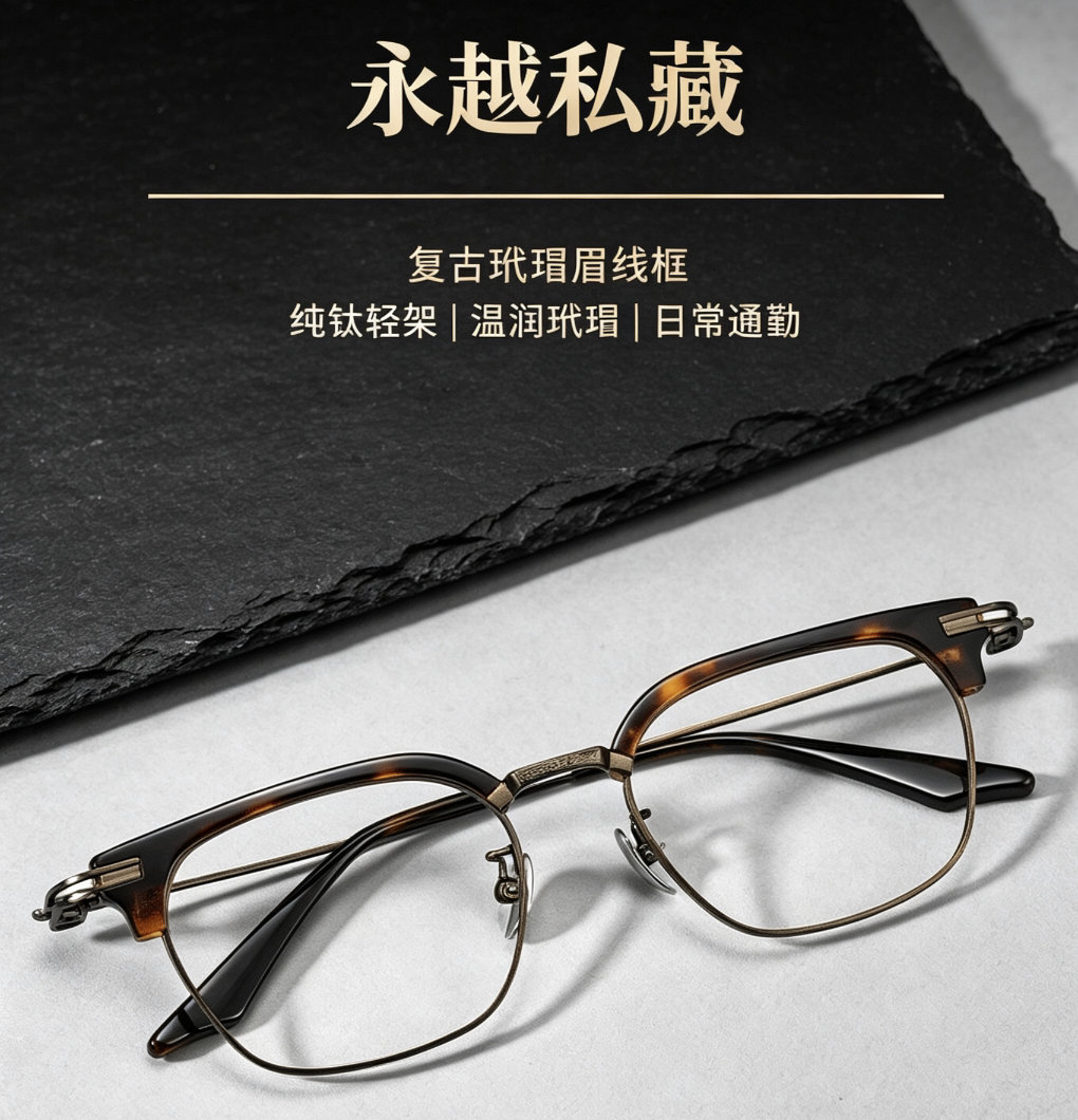 设计师150大脸刀锋战士大框商务半框纯钛眉毛日系复古眼镜配近视图片