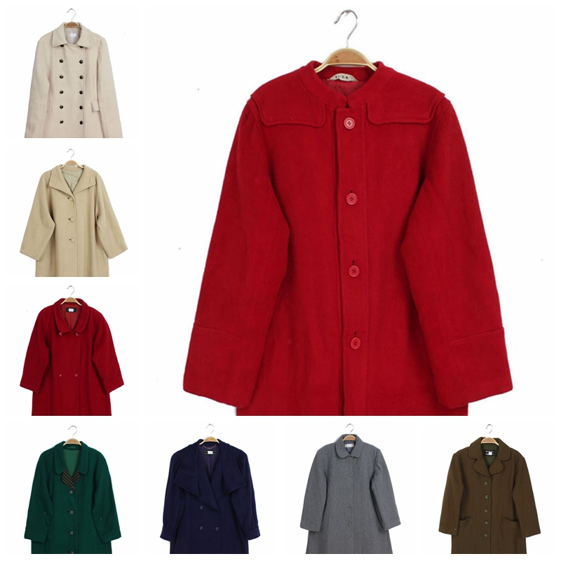 vintage古着孤品复古秋冬日本制羊毛呢女中长款大衣 糖果色纯色