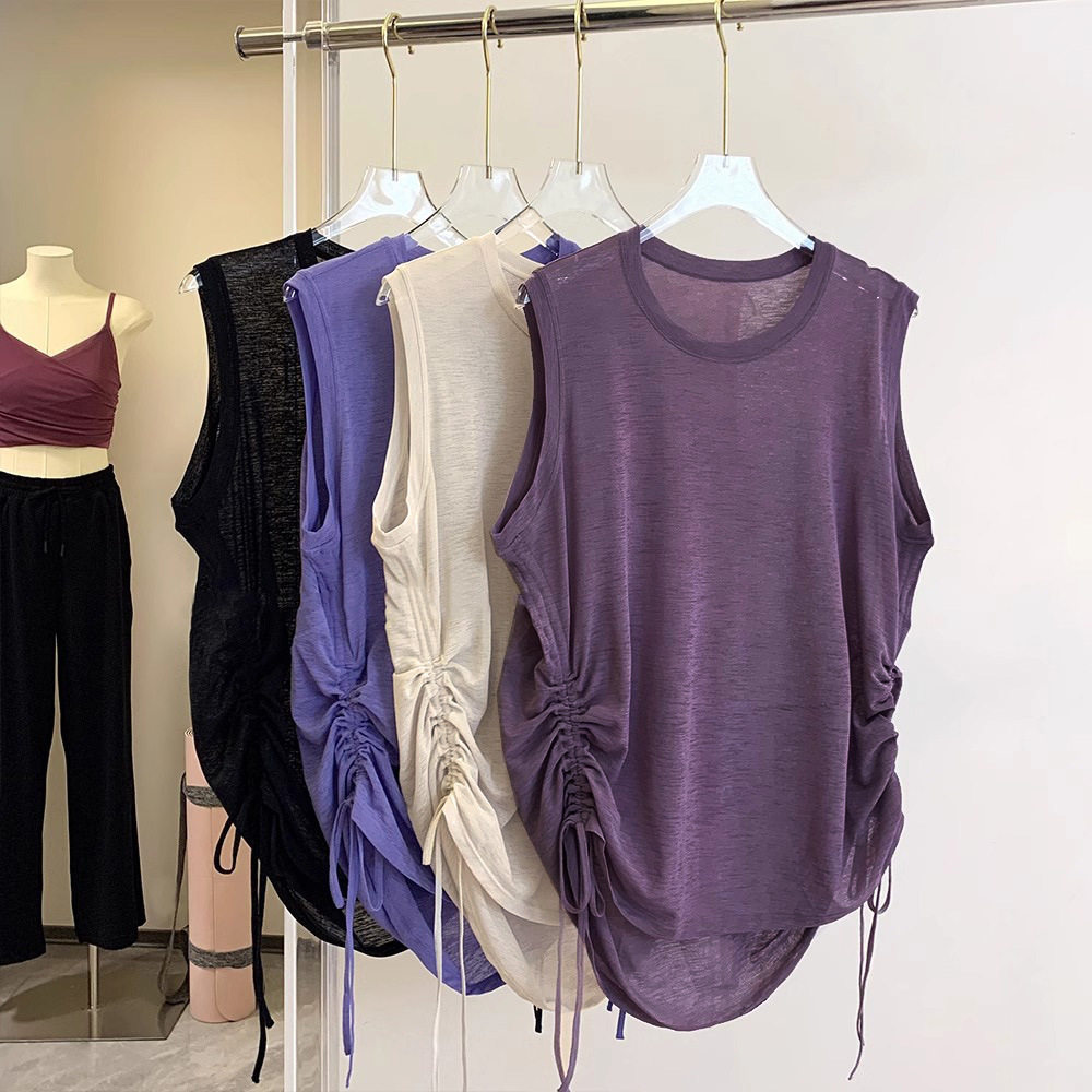 褶皱抽绳跑步无袖运动背心速干夏季薄款宽松遮肉罩衫瑜伽健身上衣