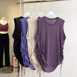 宽松遮肉罩衫 薄款 瑜伽健身上衣 运动背心速干夏季 褶皱抽绳跑步无袖