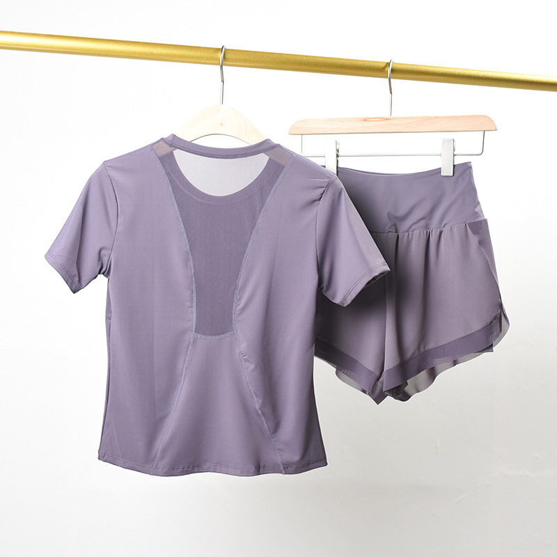 健身套装女夏季速干短袖假两件跑步训练运动裤专业高端时尚瑜伽服