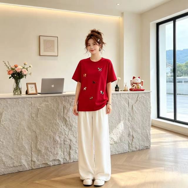 大码纯棉撞色宽松短袖T恤女