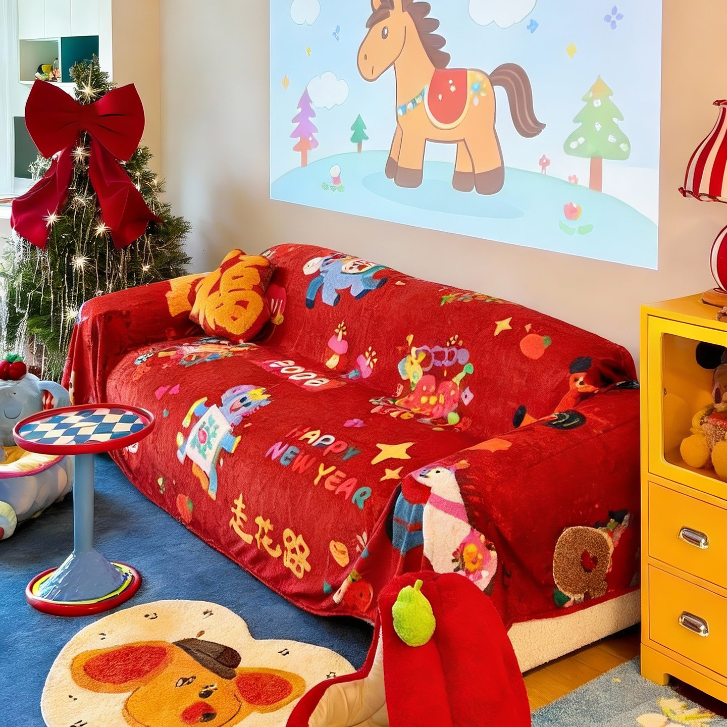 新年卡通氛围感沙发盖布冬季加厚毛绒一片式结婚喜庆沙发套罩盖毯,居家布艺,沙发套,淘宝优惠券,粉丝福利购,淘宝优惠卷