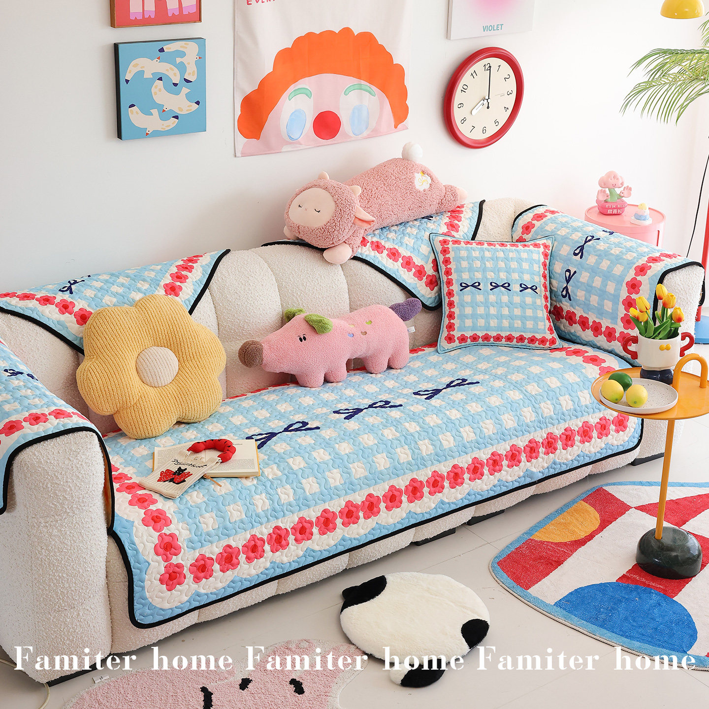 凡米特清新韩系布艺沙发垫新款四季固定防滑多巴胺格子坐垫套罩巾