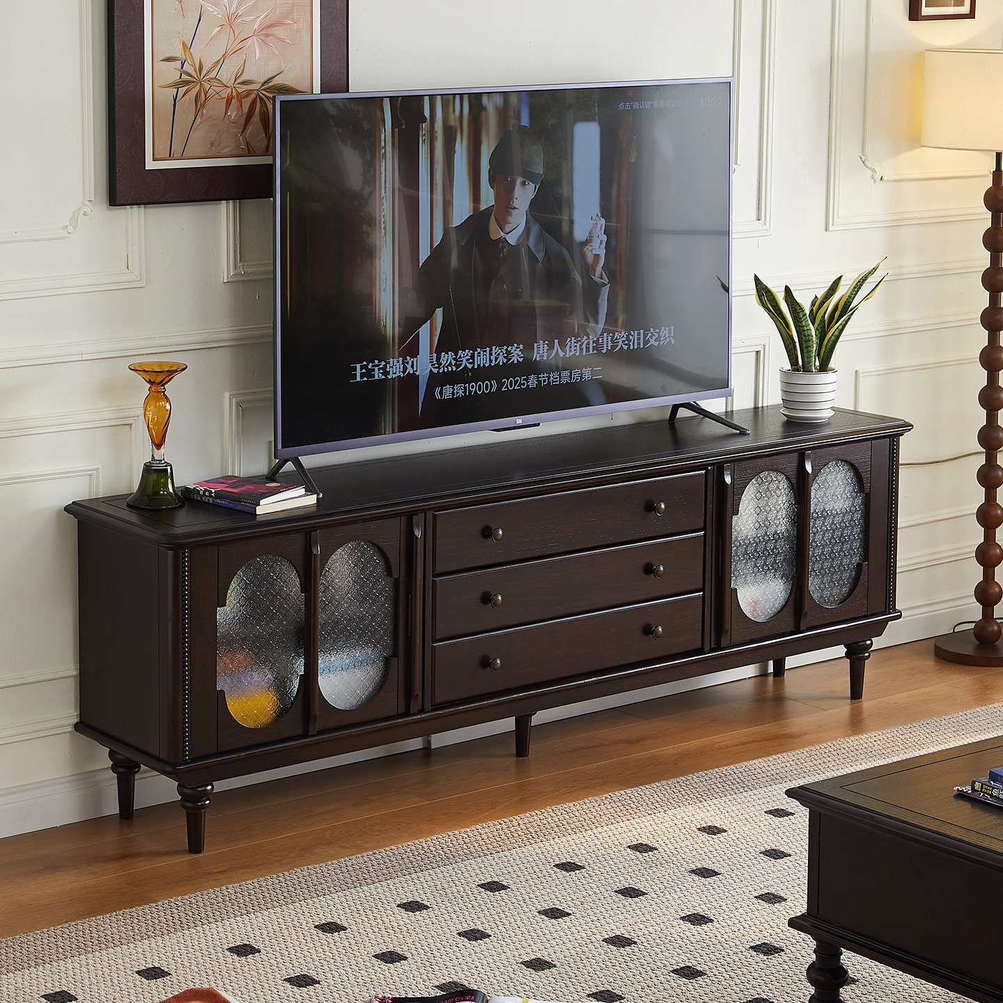 美式复古全实木电视柜法式高款电视机柜中古风海棠花玻璃柜