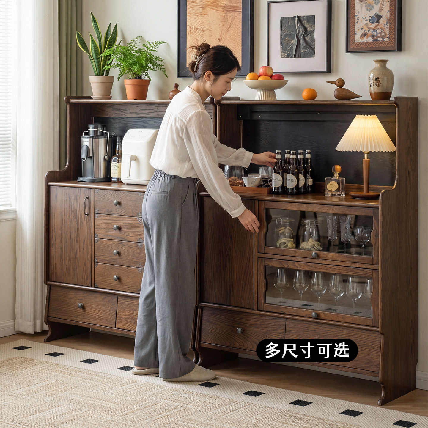 法式复古袋鼠餐边柜组合靠墙一体储物柜中古风含电力轨道插座酒柜