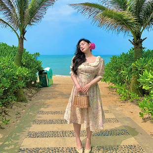 希同儿大码女装胖mm法式甜美遮肚显瘦镂空碎花连衣裙度假公主长裙