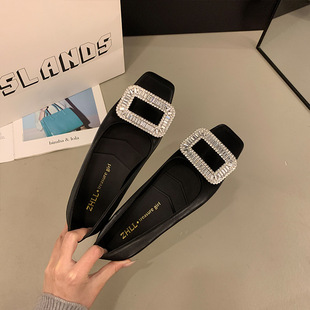 希同儿大码女装胖mm法式甜美方扣粗跟单鞋加肥加宽低跟方头平底鞋