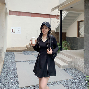 希同儿大码女装胖mm修身显瘦Polo领撞色休闲连衣裙遮肚百搭裙子春