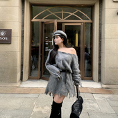 希同儿大码 女装 胖mm慵懒风宽松显瘦破洞麻花套头毛衣裙遮肉针织衫